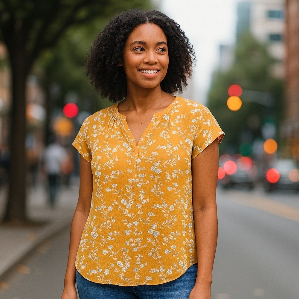 Fun2Fun Blouse Top Women M Floral Print Mustard Yellow Short Sleeve VNeck
